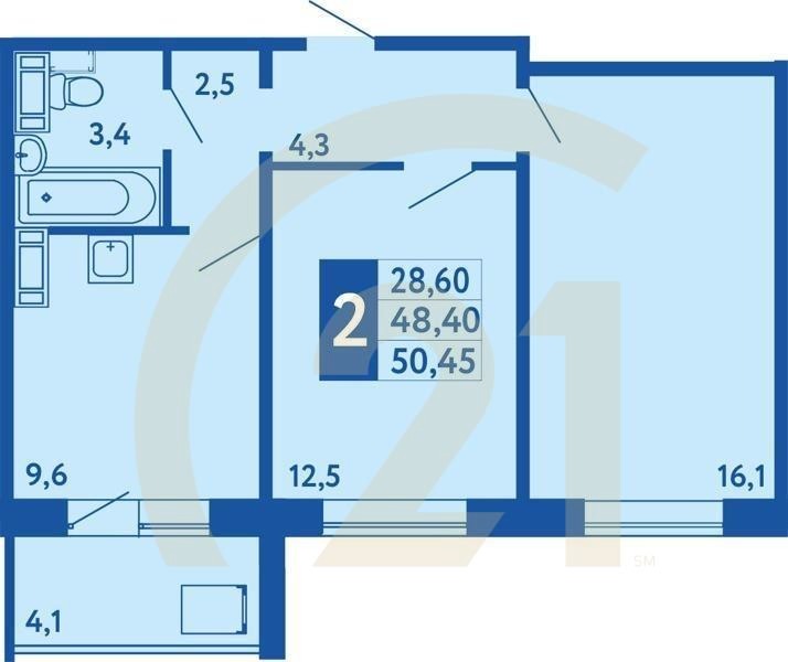 2-комн, 50.45 м², 16-17 этаж