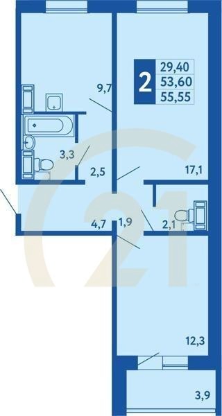 2-комн, 55.55 м², 1 этаж