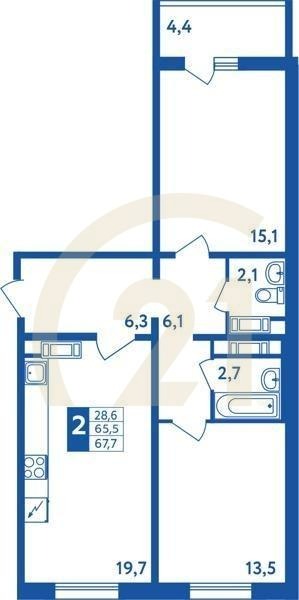 2-комн, 67.7 м², 1-18 этаж