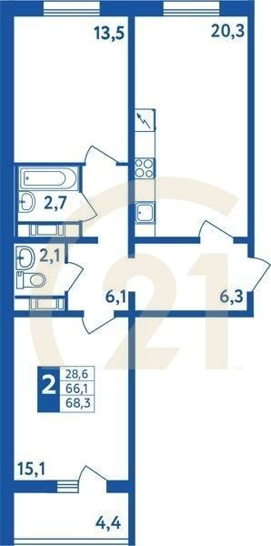 2-комн, 68.3 м², 1 этаж