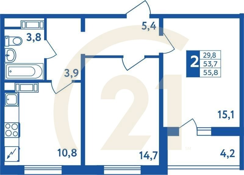 2-комн, 55.8 м², 1-18 этаж