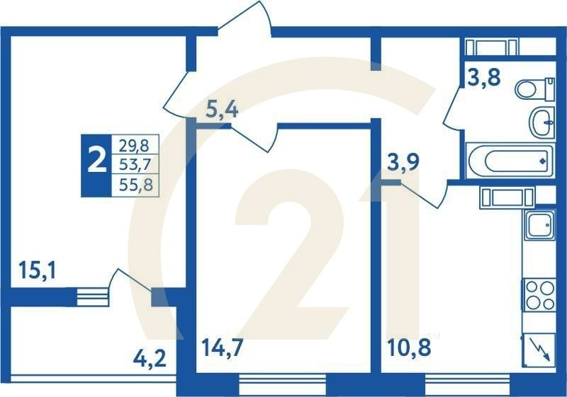 2-комн, 55.8 м², 1-14 этаж