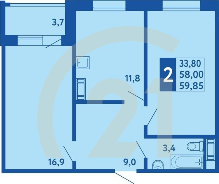 2-комн, 59.85 м², 2-17 этаж