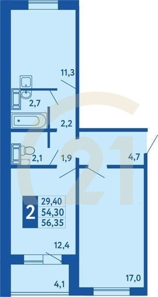 2-комн, 56.35 м², 2-17 этаж