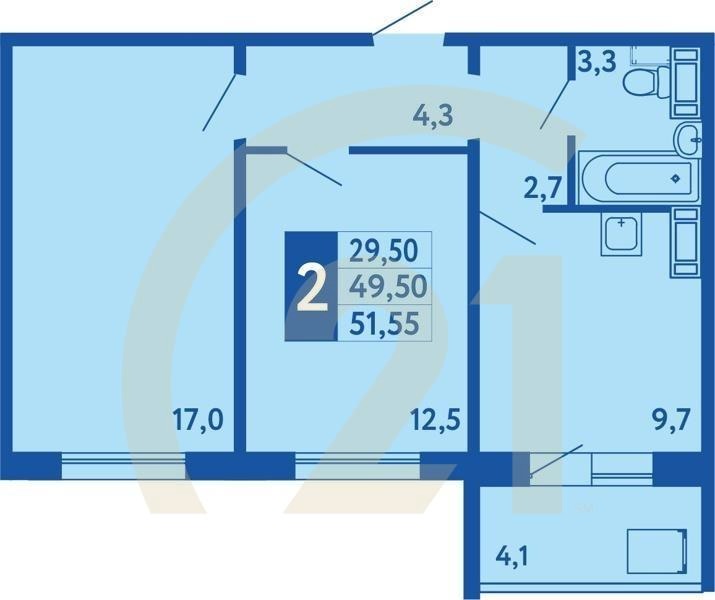 2-комн, 51.55 м², 1-17 этаж