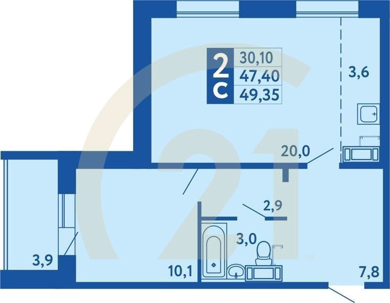 2-комн, 49.35 м², 1 этаж
