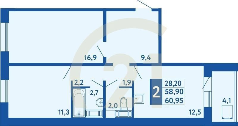 2-комн, 60.95 м², 2-17 этаж
