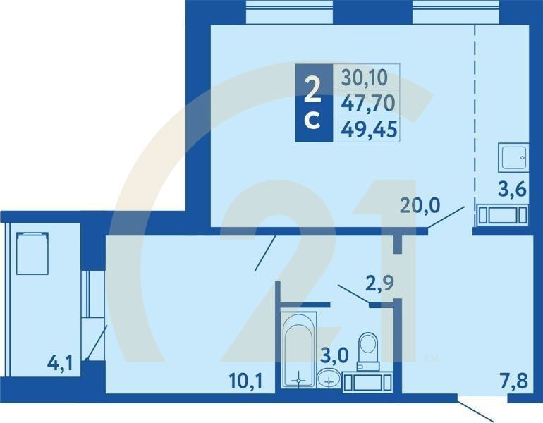 2-комн, 49.45 м², 14-17 этаж