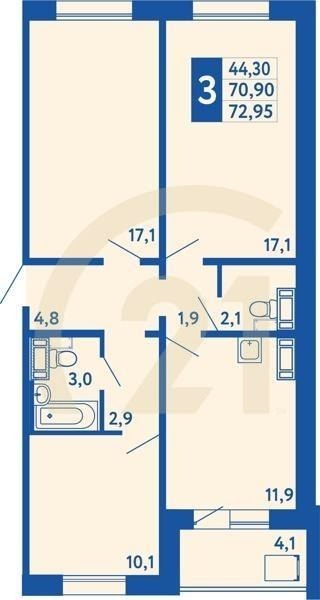3-комн, 73.1 м², 1 этаж