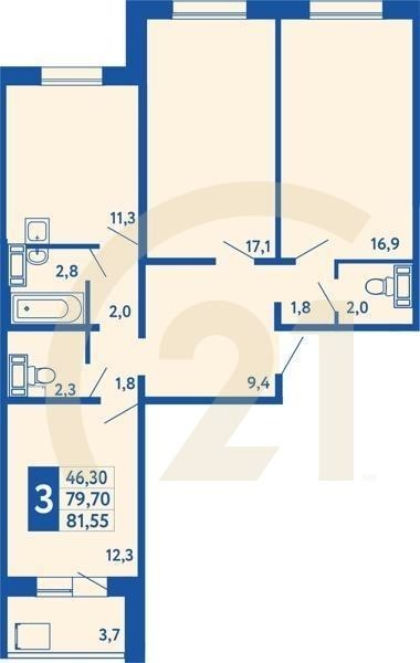 3-комн, 81.55 м², 2-10 этаж