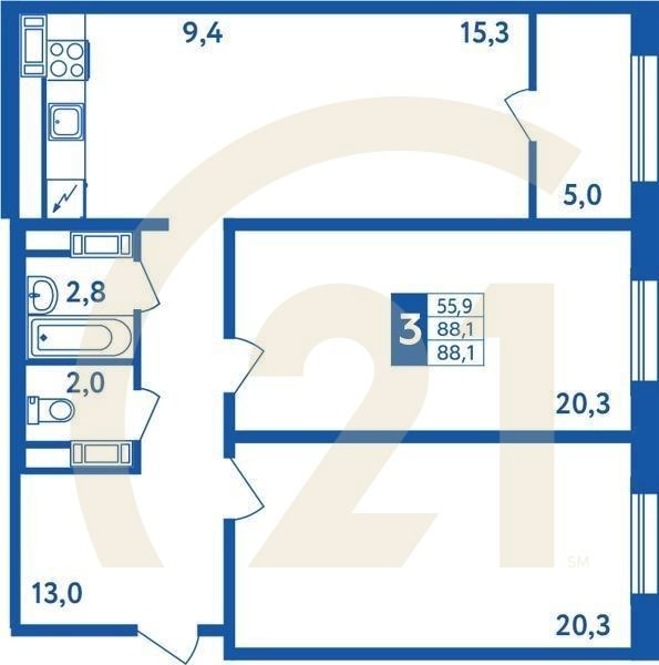 3-комн, 88.1 м², 1-18 этаж