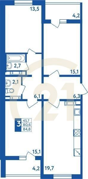 3-комн, 84.8 м², 1-17 этаж