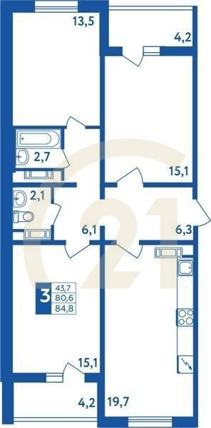 3-комн, 84.8 м², 1-18 этаж