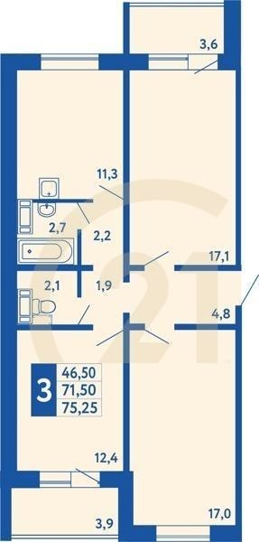 3-комн, 74.9 м², 1 этаж