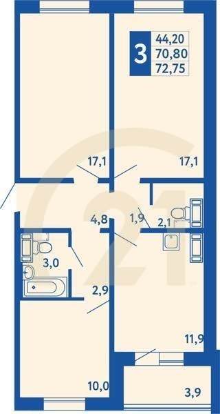 3-комн, 72.75 м², 1 этаж