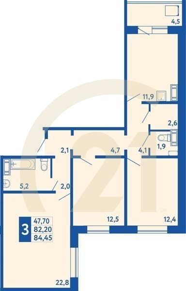 3-комн, 84.45 м², 2-17 этаж