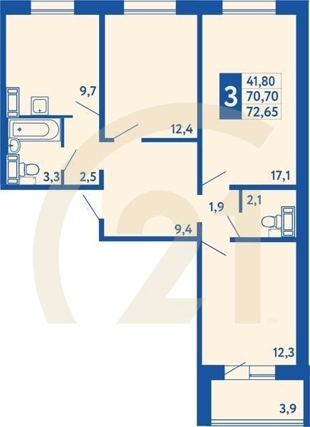3-комн, 72.65 м², 1 этаж