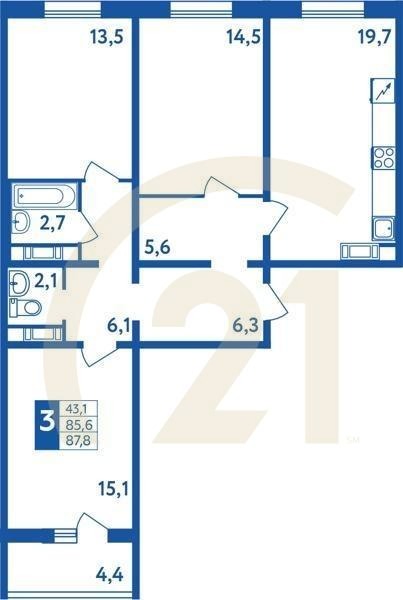 3-комн, 87.8 м², 1-14 этаж