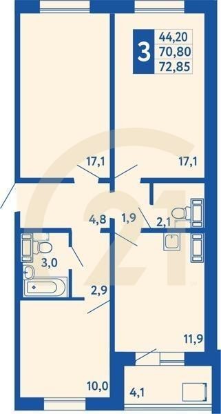 3-комн, 72.85 м², 6-17 этаж