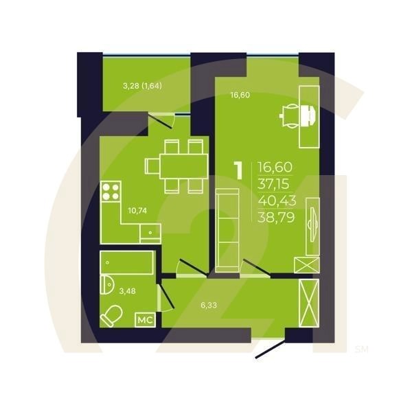 1-комн, 38.6 м², 3 этаж