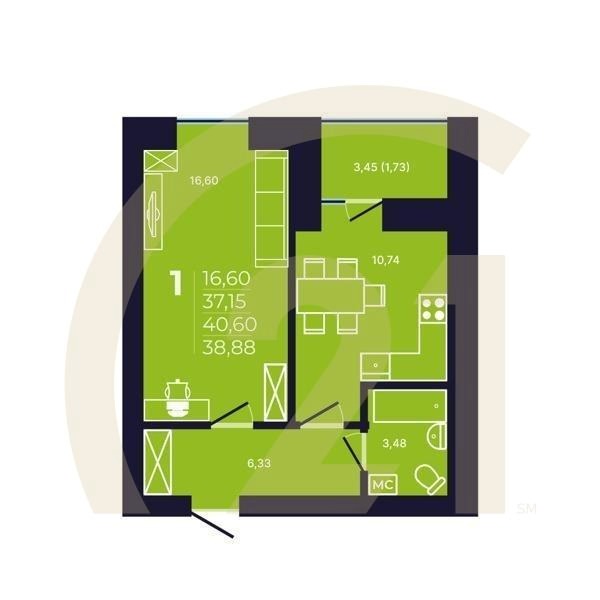 1-комн, 38.7 м², 3-4 этаж