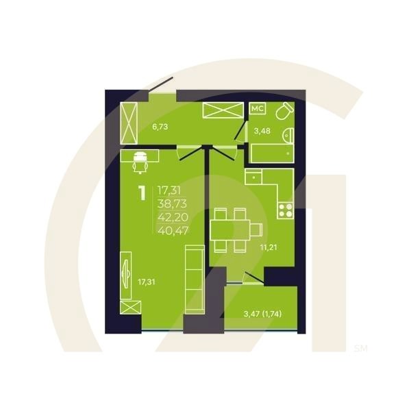 1-комн, 40.5 м², 6 этаж