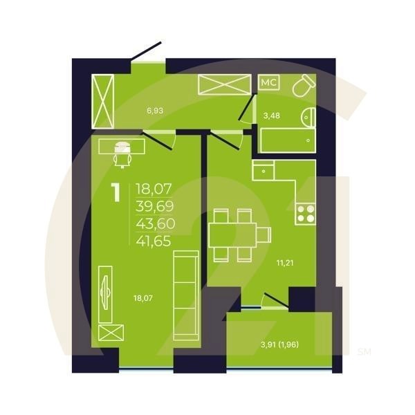 1-комн, 41.8 м², 12 этаж