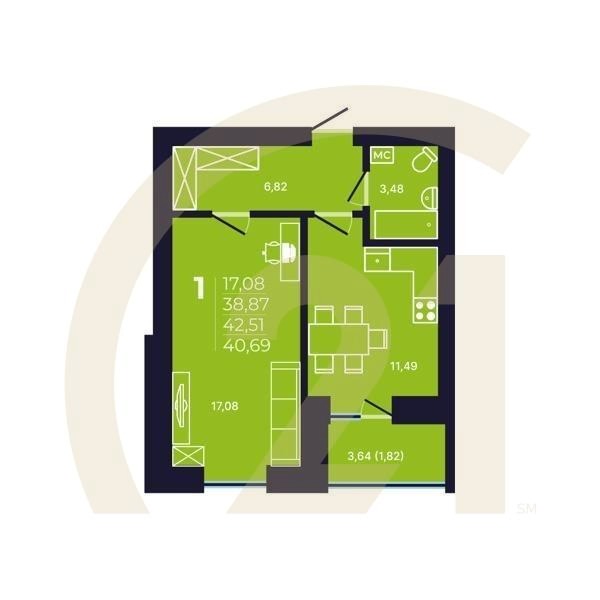 1-комн, 40.69 м², 2-9 этаж