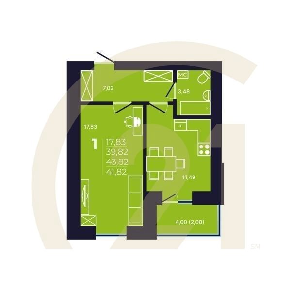 1-комн, 41.82 м², 9-10 этаж