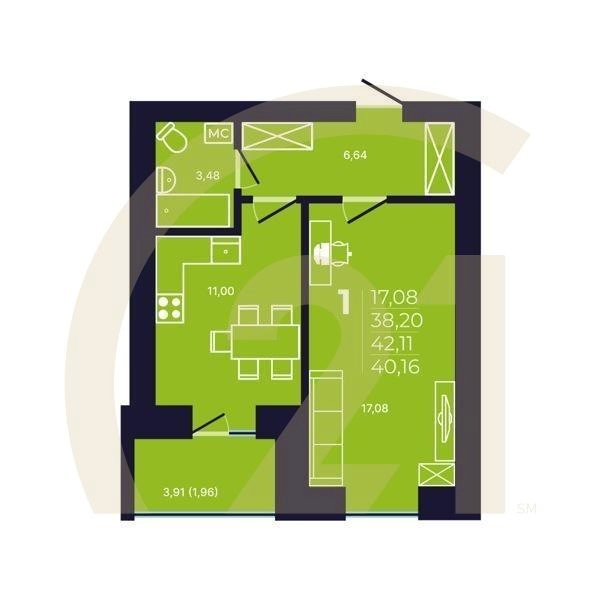 1-комн, 40.16 м², 2-8 этаж