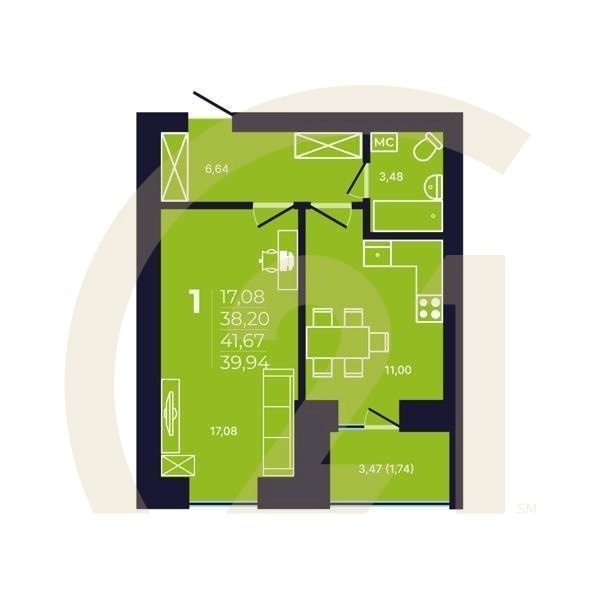 1-комн, 39.94 м², 2-12 этаж