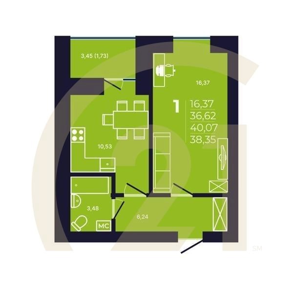 1-комн, 38.35 м², 2-12 этаж