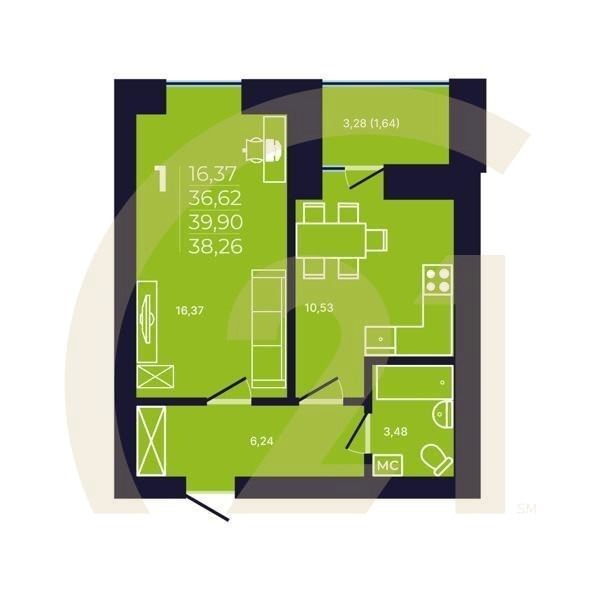1-комн, 38.26 м², 6-12 этаж