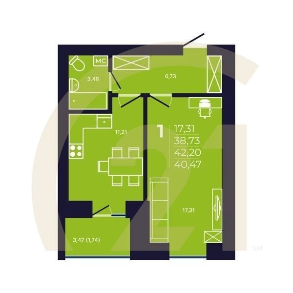 1-комн, 40.6 м², 3-11 этаж