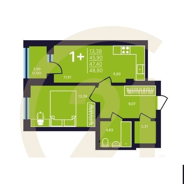 1-комн, 47.4 м², 1 этаж