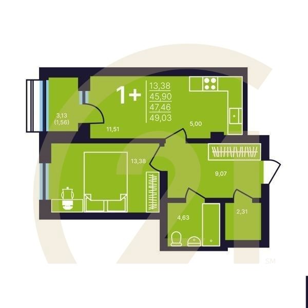 1-комн, 47.46 м², 2-25 этаж