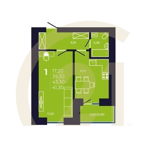 1-комн, 41.4 м², 2-7 этаж