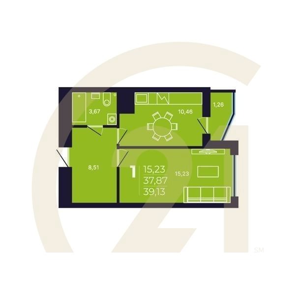 1-комн, 39.13 м², 3-6 этаж