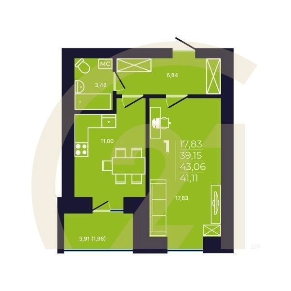 1-комн, 41.11 м², 9-12 этаж