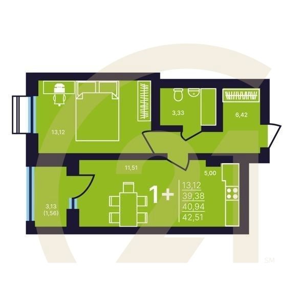1-комн, 40.94 м², 2-25 этаж