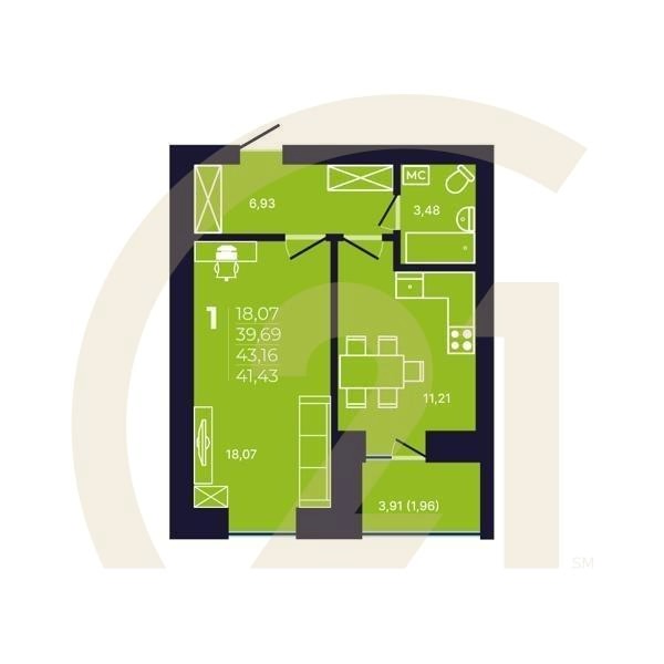 1-комн, 41.2 м², 12 этаж