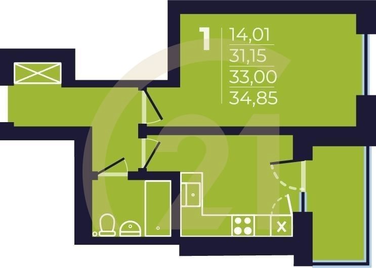 1-комн, 33 м², 6-24 этаж