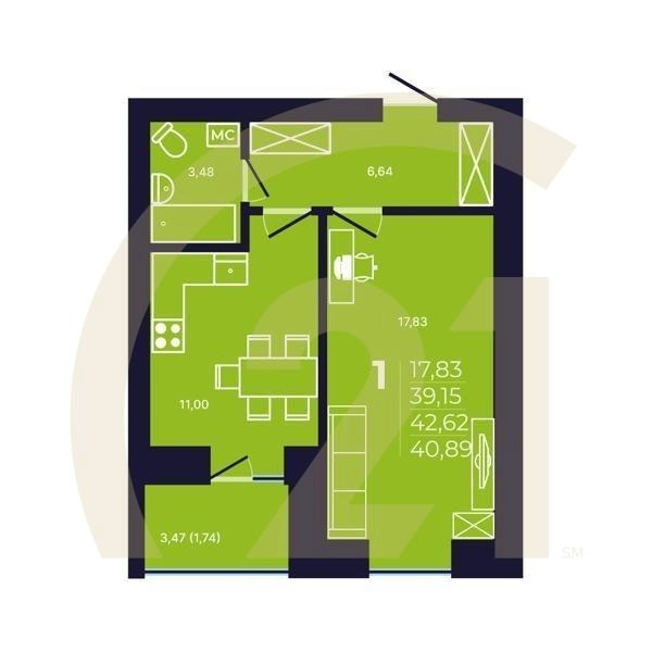 1-комн, 40.89 м², 9-12 этаж