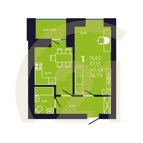 1-комн, 39.5 м², 11 этаж