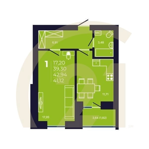 1-комн, 41.1 м², 7 этаж