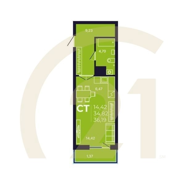 Студия, 36.19 м², 3-14 этаж