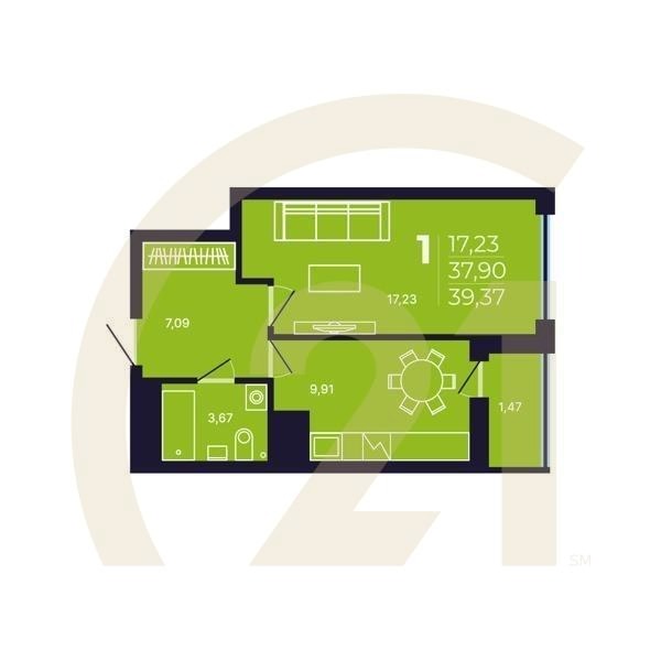 1-комн, 39.37 м², 6 этаж