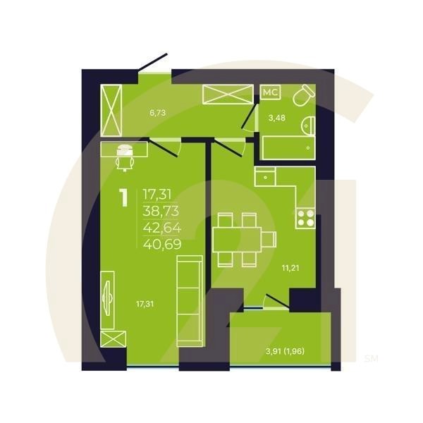 1-комн, 40.8 м², 2 этаж