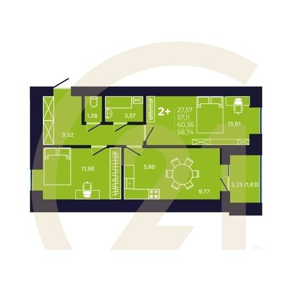 2-комн, 58.9 м², 2 этаж