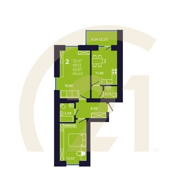 2-комн, 61.2 м², 12 этаж